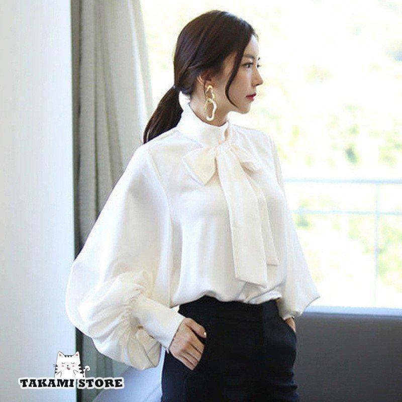 1つ買うと10つ無料BIG-SALEブラウス レディース オフィス フォーマル 40代 おしゃれ 白 パフスリーブ シフォン 長袖シャツ リボン 韓国風 トップス 通勤 大人 ゆったり 2色