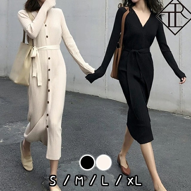 【即納】ワンピース レディース ニットワンピース 秋冬 ロングワンピース 長袖 秋 ニット ワンピース 大きいサイズ フロントボタン Vネック 大人可愛い 可愛い おしゃれ カジュアル 普段使い Vネ