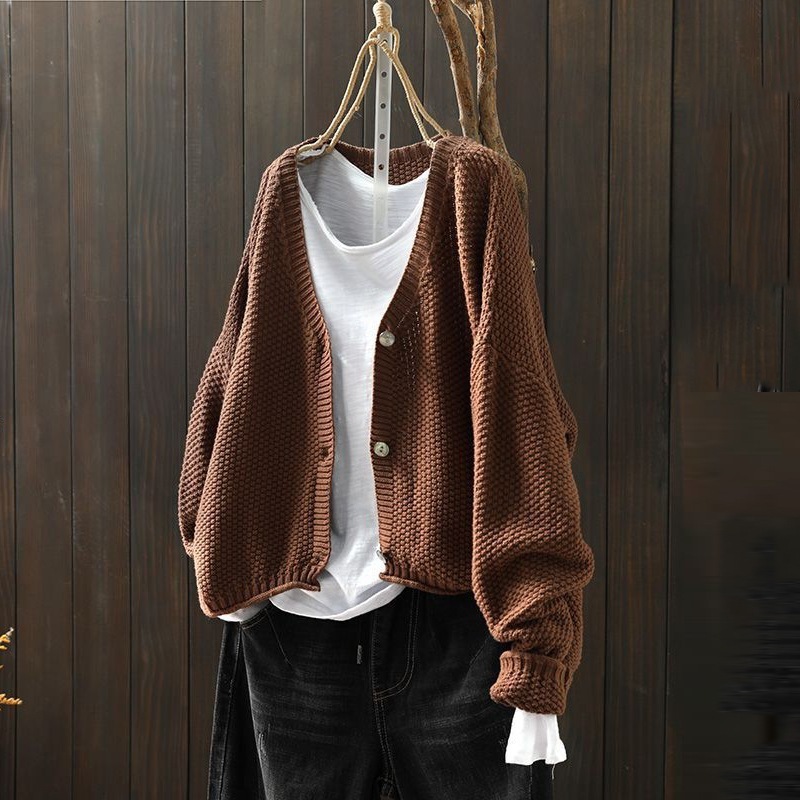 【秋冬にぴったり】 シングルブレスト」クローズドバック 柔軟加工 Vネック ボタン 森ガール カーディガン