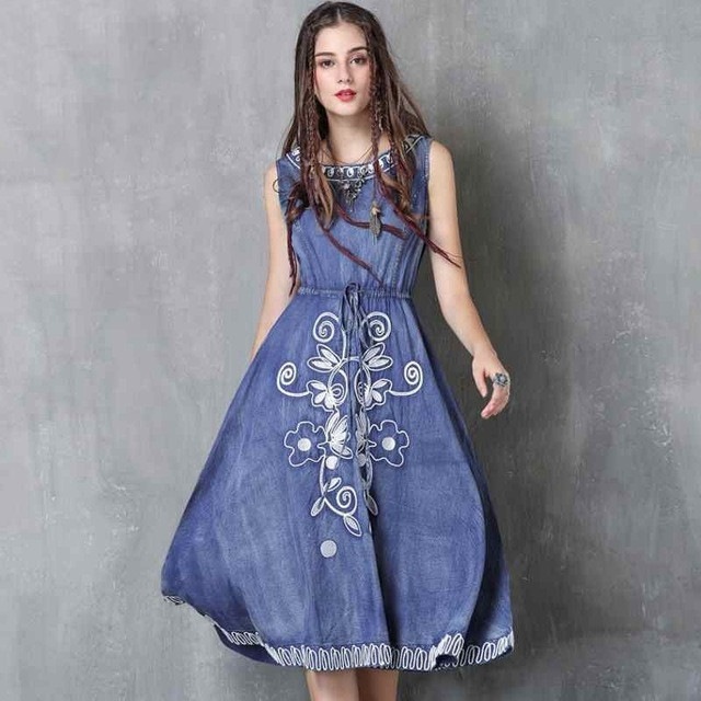 新しいファッションレディースヴィンテージoネックノースリーブジャンドレス女性ジッパーラインローブファムvestidosデニム刺繍ドレス