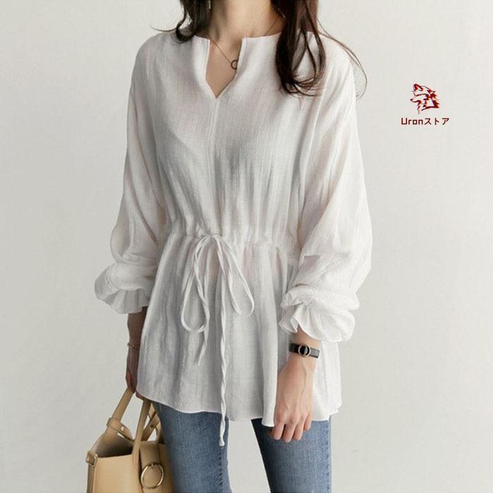 ブラウス 長袖 レディース おしゃれ ブラウス ブラウスチュニック 綿麻風 バルーン袖 ウエストゴム チュニック プルオーバー ス トップス vネック キレイめ 大き