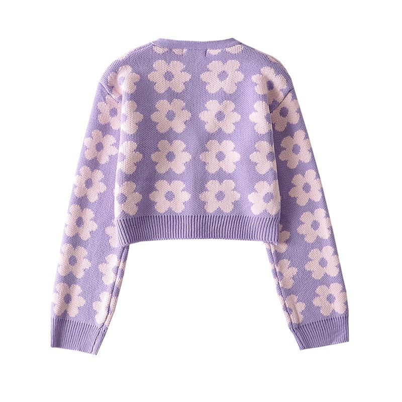 フレンチエレガント レトロ 花プリント Vネックニットカーディガン ティーン 秋 セーターコート トップス セーター カーディガン ショート丈 長袖 Vネック ストレート ウエストマーク 前開き