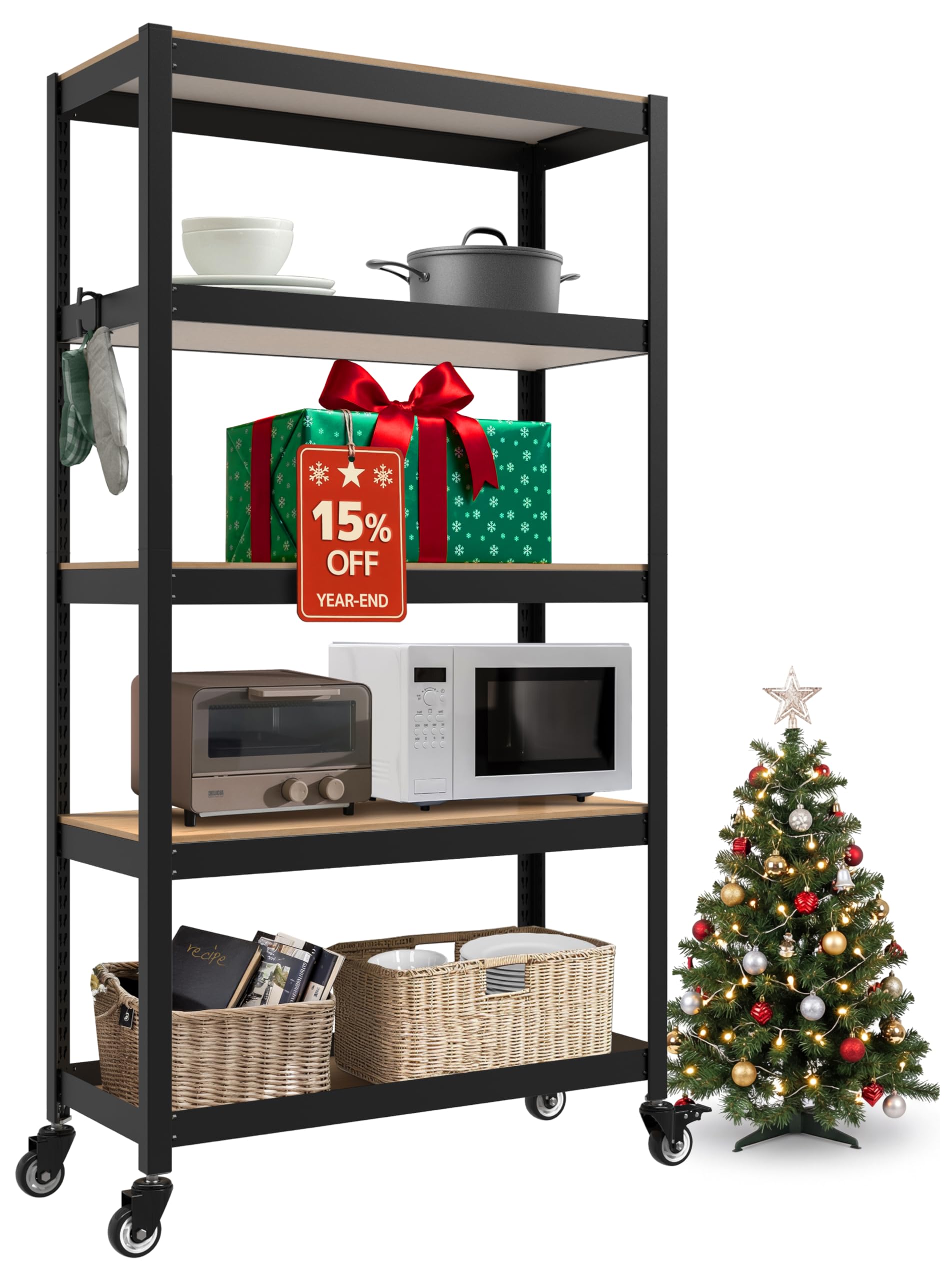 HOMEDANT House 組立簡単 ラミネート スチールラック キッチン 5段 幅90 奥行40 高さ176 ブラック キャスター付き 車輪 高さ調整可能 棚 収納棚 メタルラック 倉庫 ガラージ