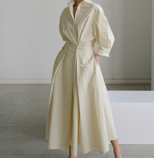 【取寄：納期2週間】ロングワンピース レディース 長袖 ワンピース ロング丈 Aライン スキッパー スタンドカラー カジュアル ウエストボタン きれいめ 大きいサイズ ハイウエスト ロングワンピース