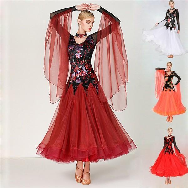 社交ダンス 衣装 モダンドレス 社交ダンスドレス 大きい裾 長袖 豪華 ワンピース S~2XL ダンス発表会 競技着 練習着 舞台