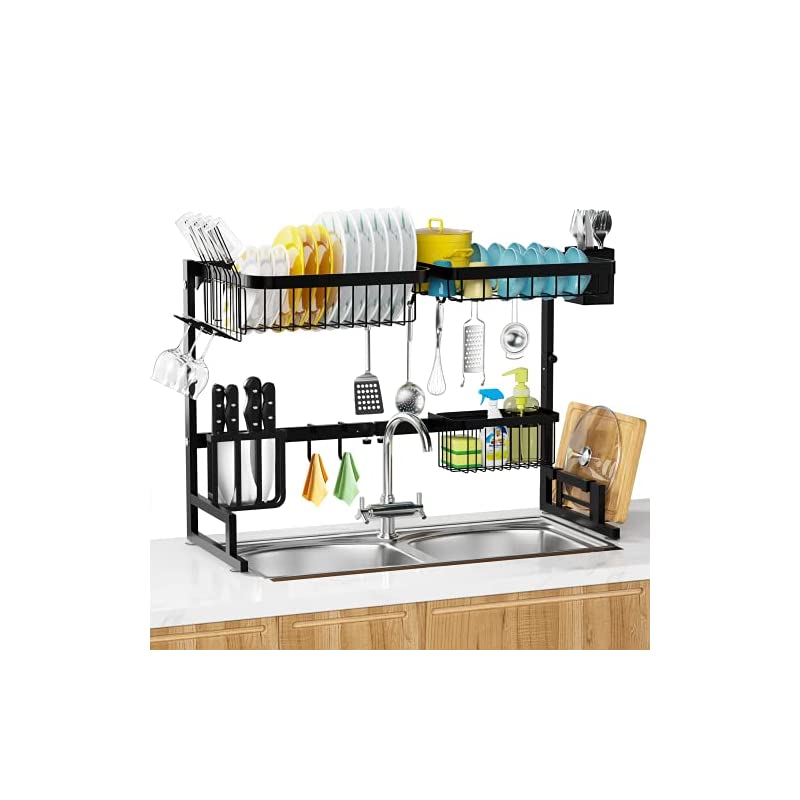 シンク上 水切りラック 食器 水切りかご 台所用品ホルダ キッチン収納棚 大容量 滑り止め 省スペース ステンレス製 調整可能(幅さ63-83CM / 高さ51-61CM)