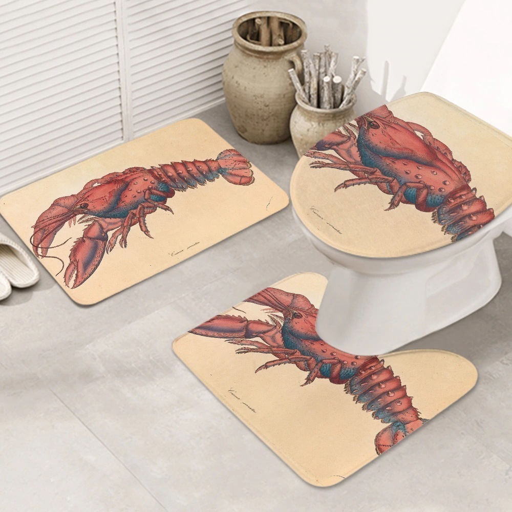 3ピースバスラグセット かわいい-海-Lobster お手入れが簡単 ノンスリップ 耐久性