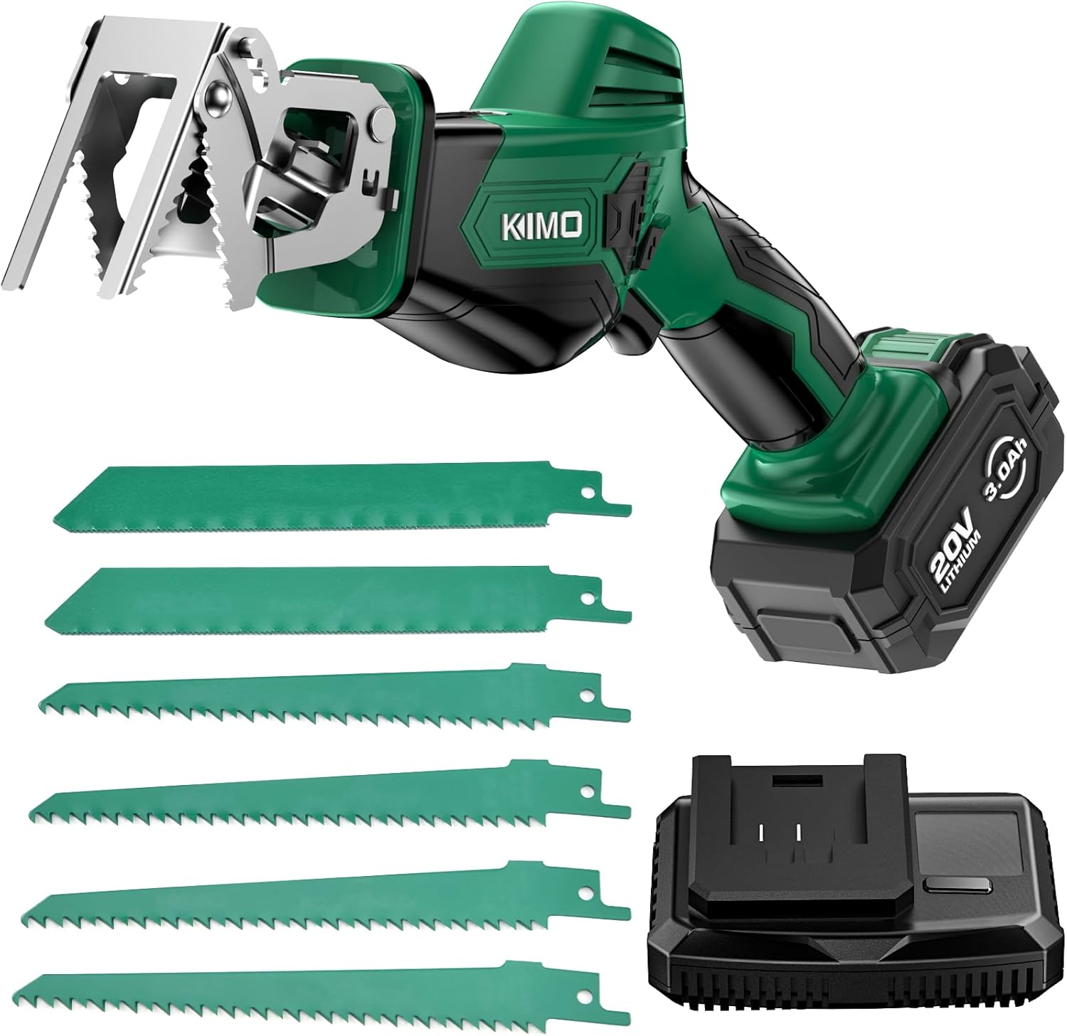 KIMO 電動ノコギリ 充電式 レシプロソー ランプ爪付き 電動のこぎり 小型 女性 無段変速 20V 3.0Ahバッテリー 木材用ブレード4本 金属用ブレード2本 ストローク長23mm ストローク数