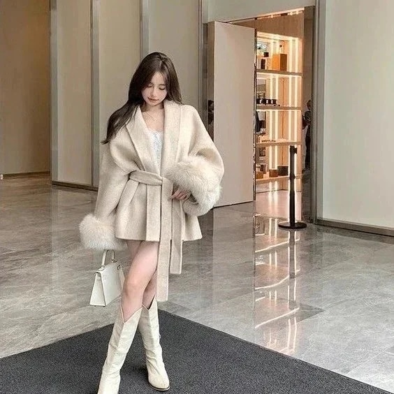 韓国ファッション 人気アウター 網紅薄手のバインダー付きラシャコート長袖ゆったりキルティング短めの毛袖新のガウン