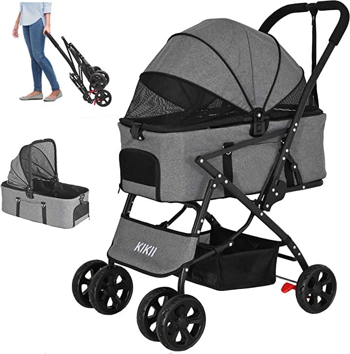 ペットカート 分離型 犬用ベビーカー 猫バギー 4輪 小型犬 中型犬カート リード2本付き 前輪360回転 後輪ブレーキ付 レインカバー付き 耐荷重25Kg 灰黒色( 灰黒色)