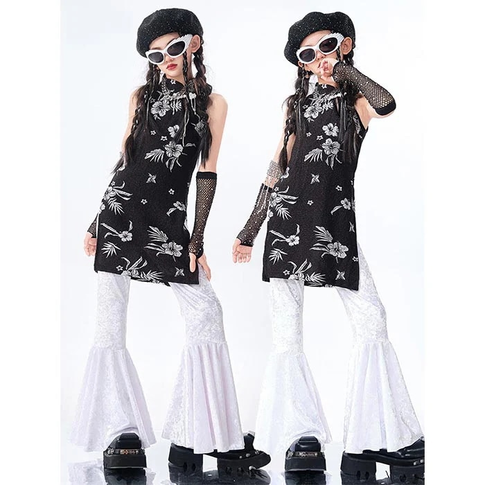 【急速出荷】新商品プロモーション，数量限定 キッズ ジャズダンス衣装 女の子 花柄 ロングトップス フレアパンツ ベロア ヒップホップ 中華風 子供 チアダンス チアガール セットアップ 舞台 ステー