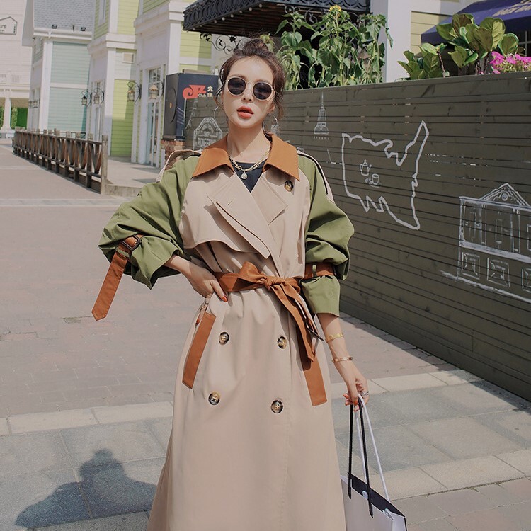アウター レディース トレンチコート ミディアム丈 長袖 M L XL 2XL 韓国 タイト スリム Iライン ウエストマーク ベルト 切り替えデザイン ハイウエスト 2way ポリエステル かわいい