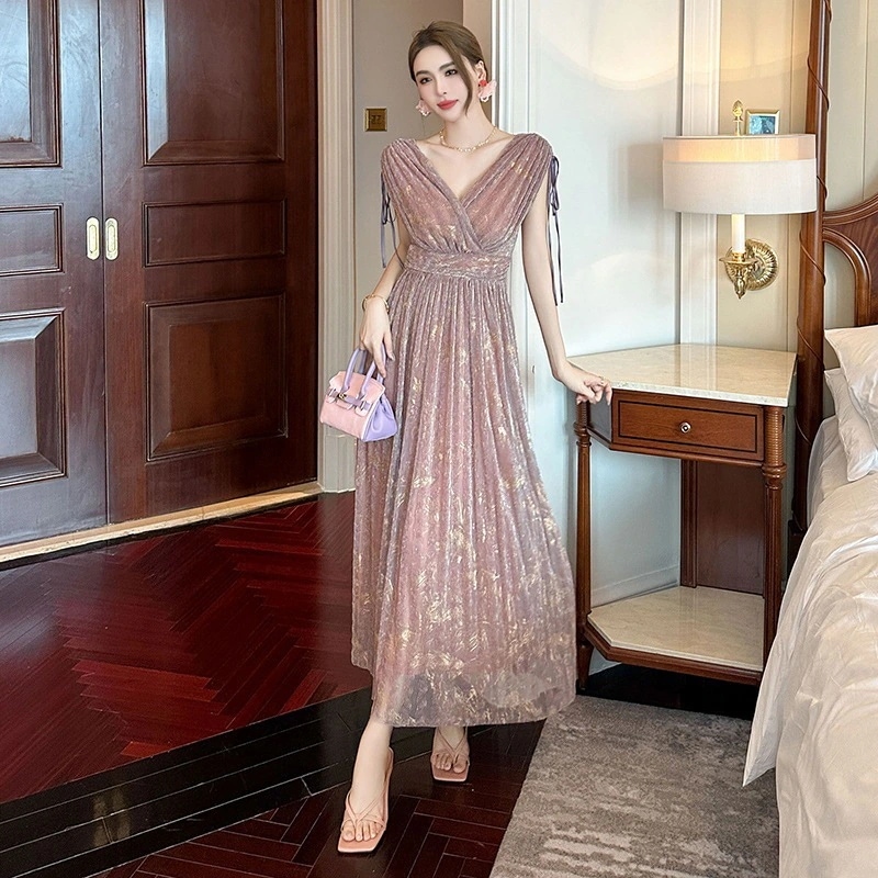 夏 vネック 巾着 プリーツ ロングワンピース Aライン ドレス パーティー キャバ 大人 同窓会 披露宴 卒業式 結婚式 演奏会 ウェディング 二次会