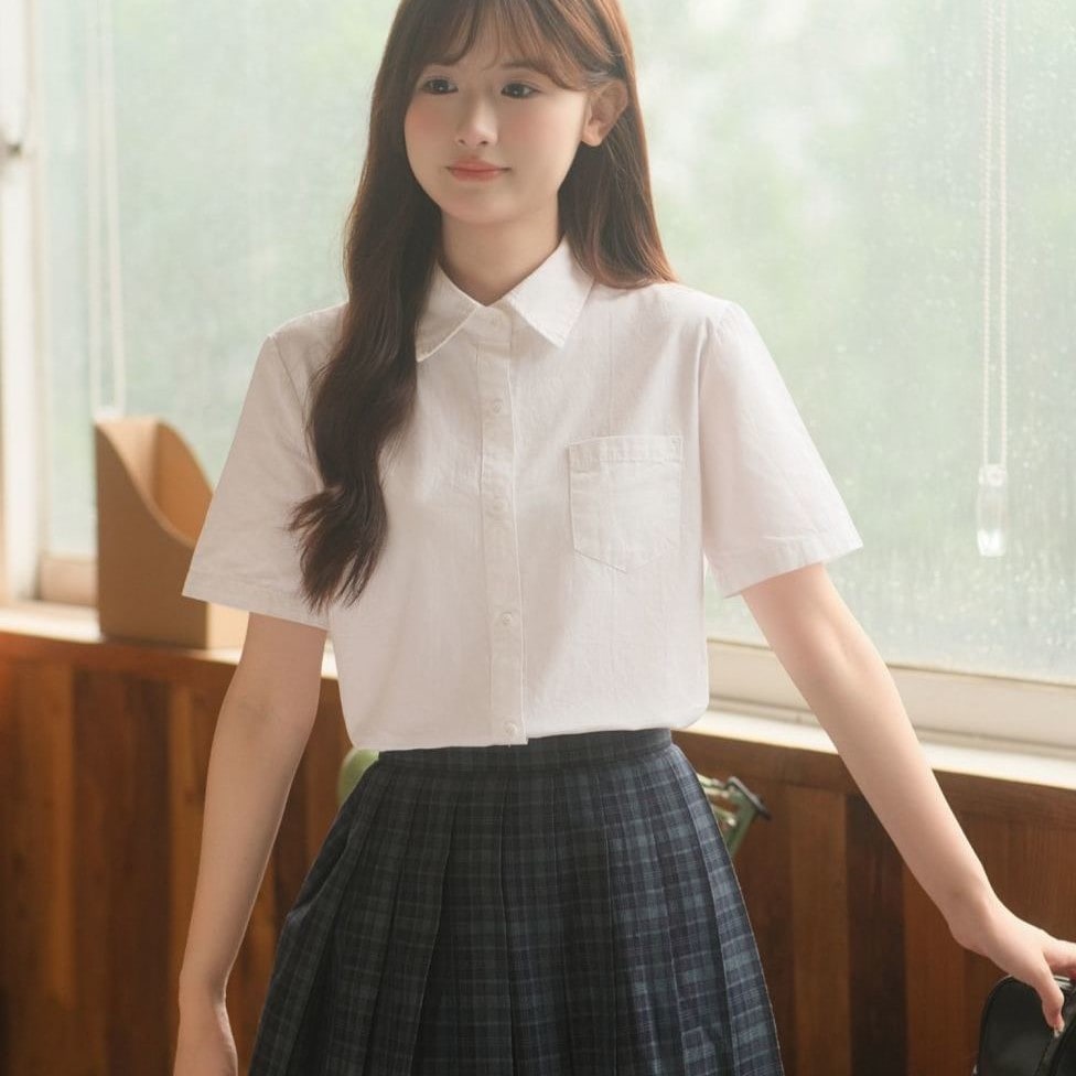 半袖 白 シャツ レディース ゆったり 細見え ファッション 学生 ミドル丈 シャツ 春夏 薄手 トップス61157
