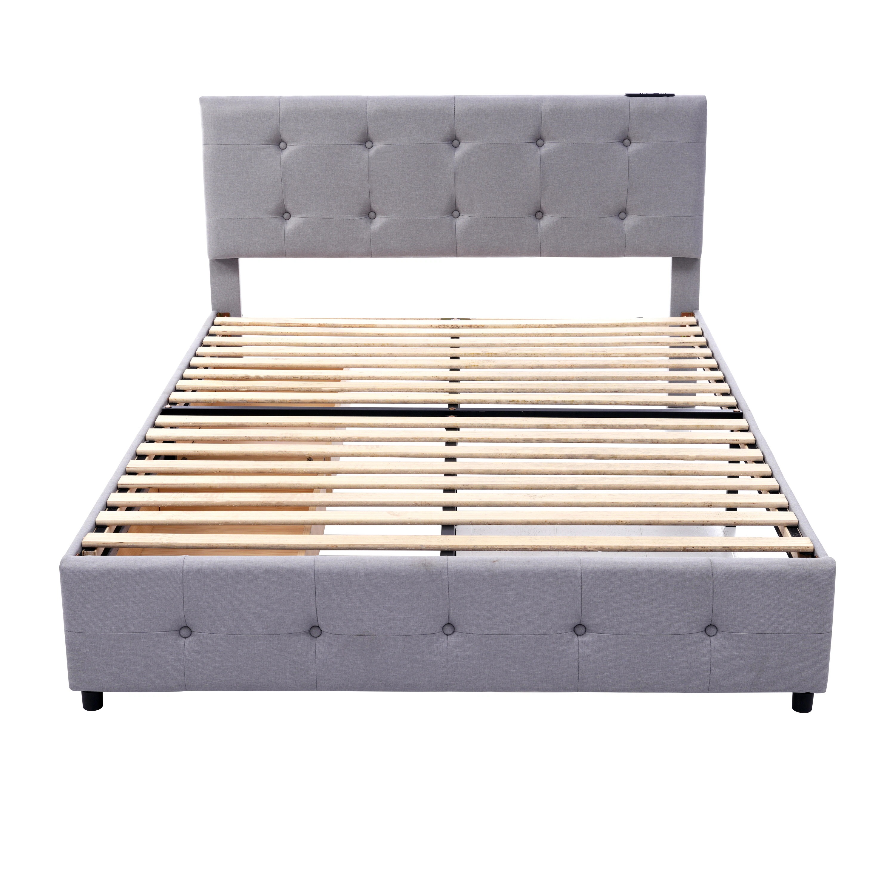 【243】D ファブリックベッド ベッドフレームのみ ダブル 引き出し付き 布貼りベッド 木製 アイアン 大人用 組立簡単 下収納 すのこベッド 耐震 ベッド 北欧風 おしゃれ マットレスは別売り 【