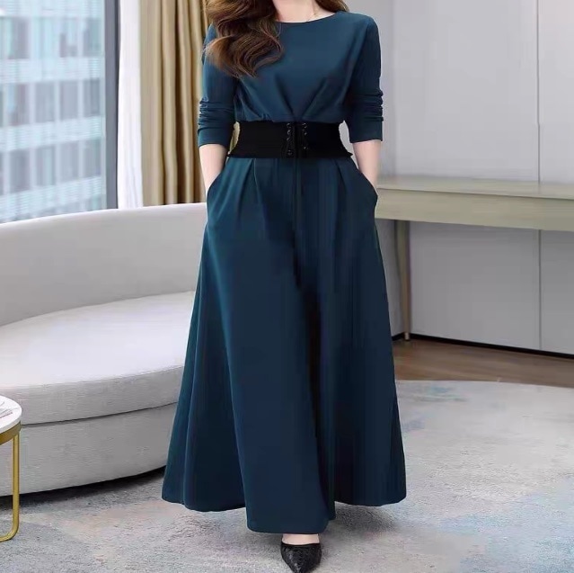 レディース トップス パンツ ボトムス カットソー プルオーバー セットアップ ロングパンツ ワイドパンツ 丈長 フルレングス 長袖 Uネック ラウンドネック フェミニン ウエストマーク ハイウエスト