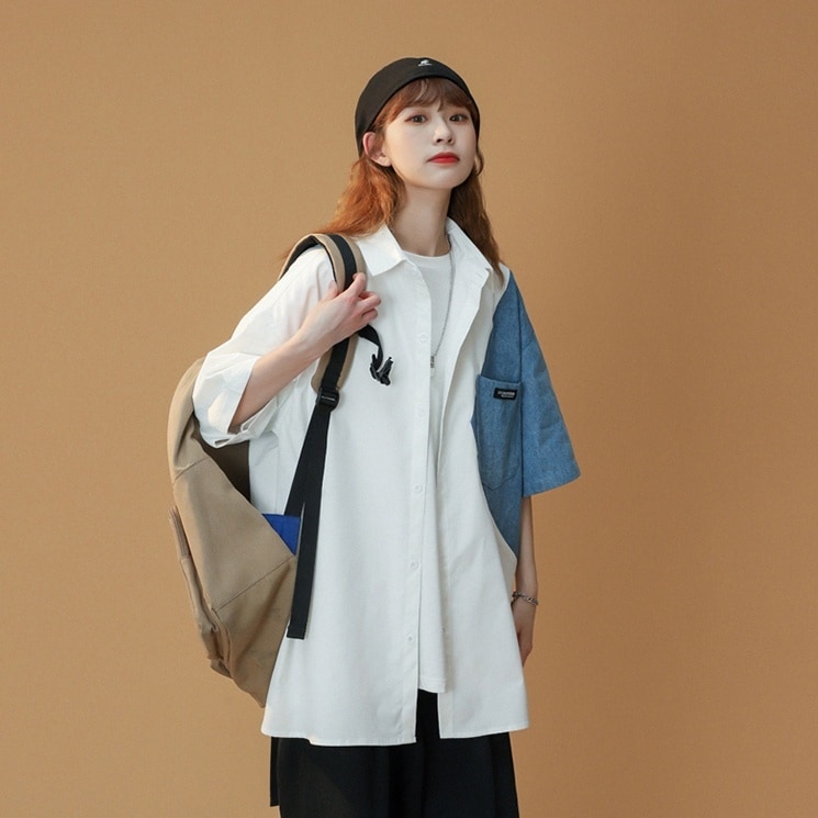 トップス シャツ カットソー プルオーバー 袖あり 7分袖 襟付き スタンドカラー ストレート ポケット シングルブレスト 薄手 大人可愛い きれいめ シンプル カジュアル 大人 上品 おしゃれ