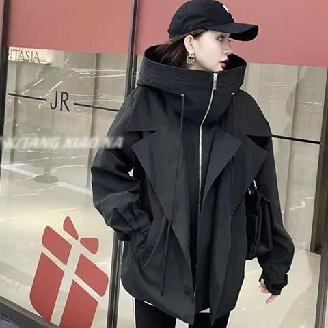 春秋 新作 トレンチコート こうぐふう ジャケット 突撃衣 ジャケット着 フード付きジャケットカップル日韩系 トップス コウモリの袖 ハンサム 百掛け ゆったり 韓国ファッション 日系