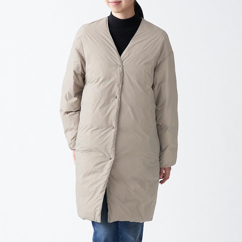 ダウンコートレディース冬服ロング丈ノーカラーコートVネックボタンダウン無地秋冬ダウンジャケット厚膝丈ゆったり暖かい保温防寒羽織り