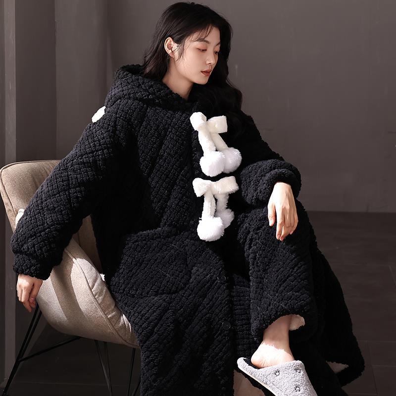 パジャマ女子中長期ガウンセット部屋着冬着セット外着かわいい連帽ゆったり3層綿挟み保温 A6-39