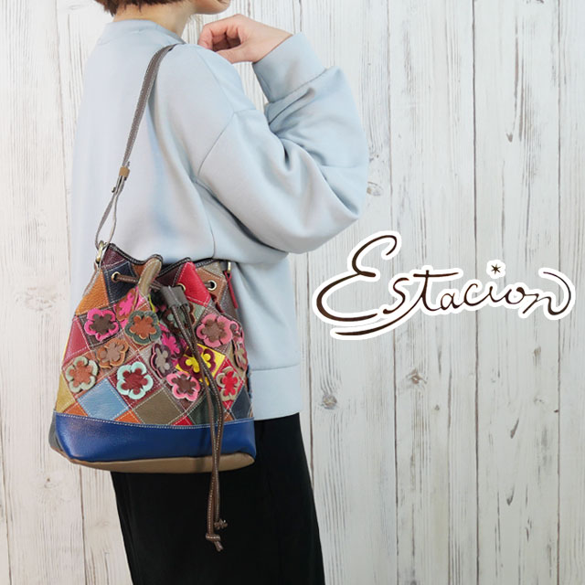 エスタシオンEstacion ショルダーバッグ レディース 1423 巾着バッグ 本革 斜めがけ 肩掛け カラフル フラワーモチーフ マルチカラー パッチワーク ハンドメイド カバン 鞄 2way