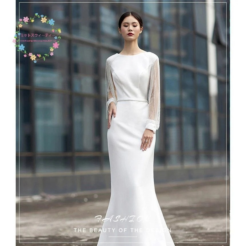 長袖二次会マーメイドドレス安い白ウェディングドレス結婚式フォーマルドレス演奏会イブニ 11,100円