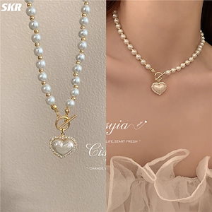 美しい首元ネックレス 真珠ネックレス レディースファッション 鎖骨チェーン ハートペンダント パールネックレス