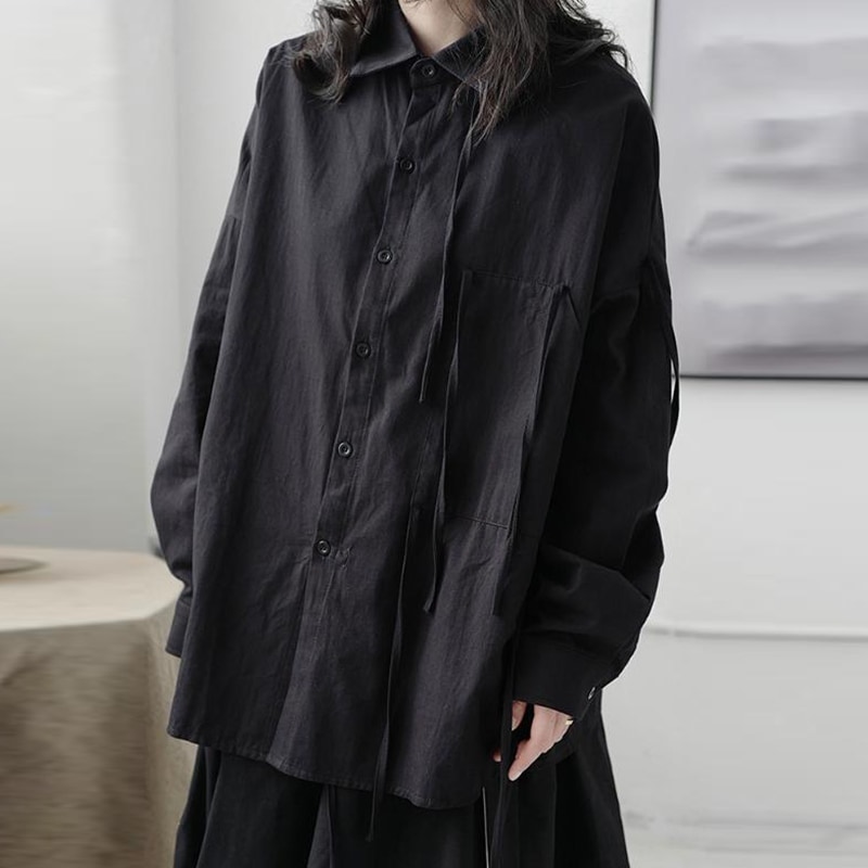 レディース長袖シャツ春新しい無地シンプルレディースラージサイズカジュアルシングルブレストレースアップデザインレディースシャツファッションカジュアル多目的ルーズ快適カジュアルシャツ