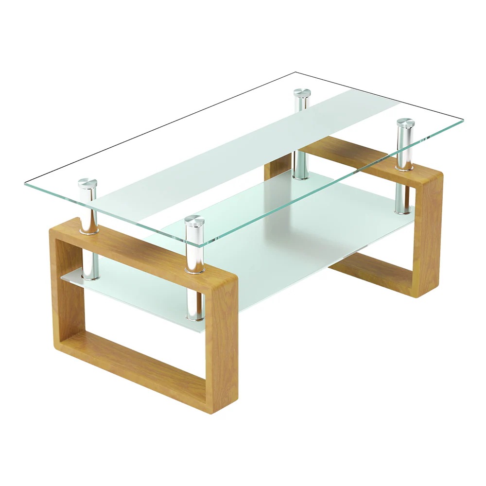 [国内即発送]ガラステーブル ローテーブル コーヒーテーブル 幅87.5x奥47.5x高さ39.5cm 収納棚 口字型のテーブル脚 強化ガラス天板 クリア棚 おしゃれ179