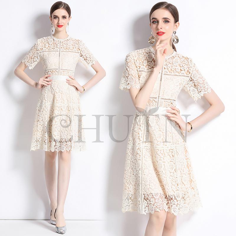 【夏セール！】夏ワンピース膝丈 パーティードレス大きいサイズ 半袖 レース 透け感 セクシー きれいめ 丸首 気質 エレガント ロング パーティードレス 結婚式 着痩せ