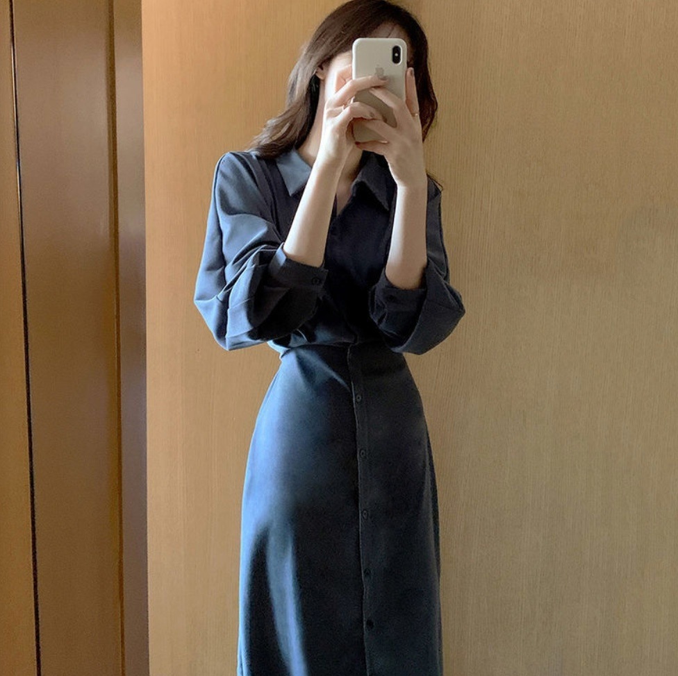 シャツワンピース フロントボタン ランタンスリーブ ロング丈 韓国 レディース オルチャン 長袖 襟付き Iライン ウエストマーク バックリボン 前開き 薄手 大人可愛い きれいめ 5,349円