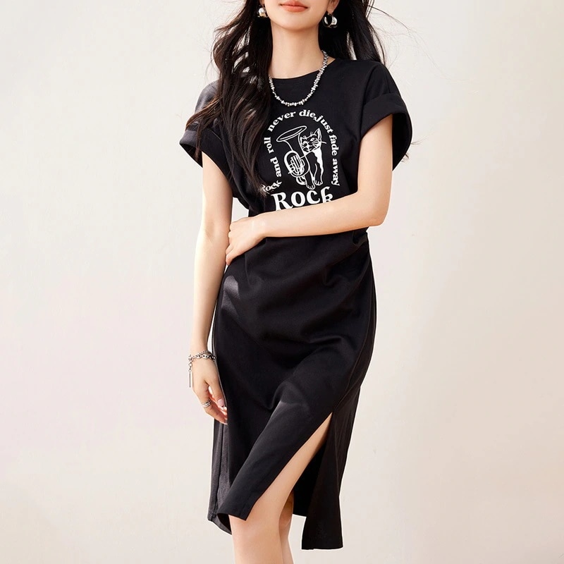 韓国ファッションプリント半袖ワンピースレディース夏服2024ニューデザインtシャツワンピースセクシーウエストオープンシックしわウエスト引き締め