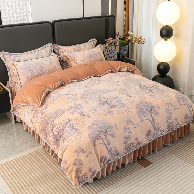 2024 新しい 7 ポンドヘビーミルクゴールドミンクベルベットプリントミルクベルベット 4 点セット厚くて暖かい冬彫刻キルトカバー