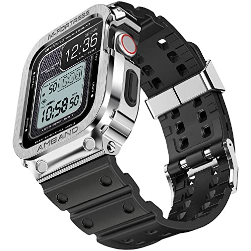 45mm シルバー【2022改良モデル】 コンパチブル Apple Watch バンド 45mm ステンレス鋼ケース付き 頑丈なメンズTPUベルト 一体型 アップルウォッチ バンド スポーツバンド…