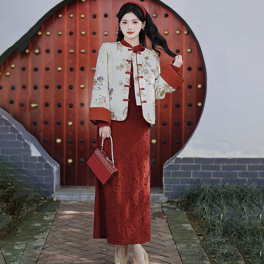 セットアップ 二点セット 新しい中国スタイルのレトロジャクアードジャケット改善されたスタンドアップカラーチョンサムドレス2ピースセット