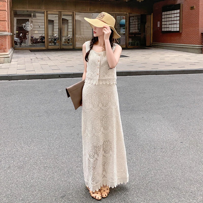 実際の撮影休日スタイルフレンチレースドレスセットドレス女性夏の新しいビーチドレスノースリーブ気質ツーピースセット