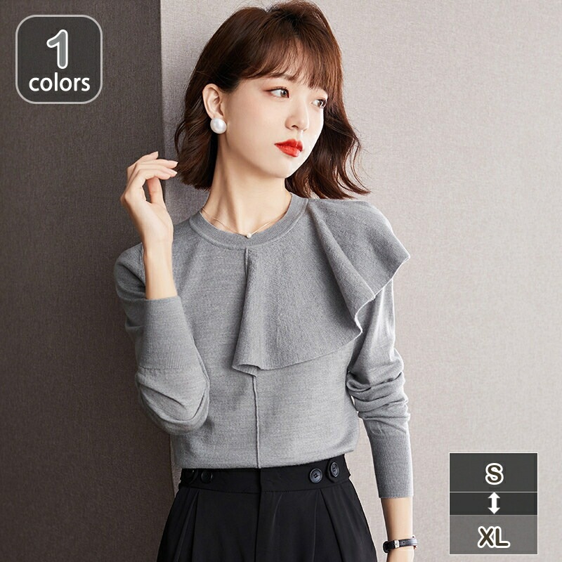 クーポン ニット セーター レディース タイト ラウンドネック アウター ニットトップス フリル スリム 大きいサイズ 可愛い リブ 保温 カットソー 暖か フェミニン おしゃれ トップス インナー