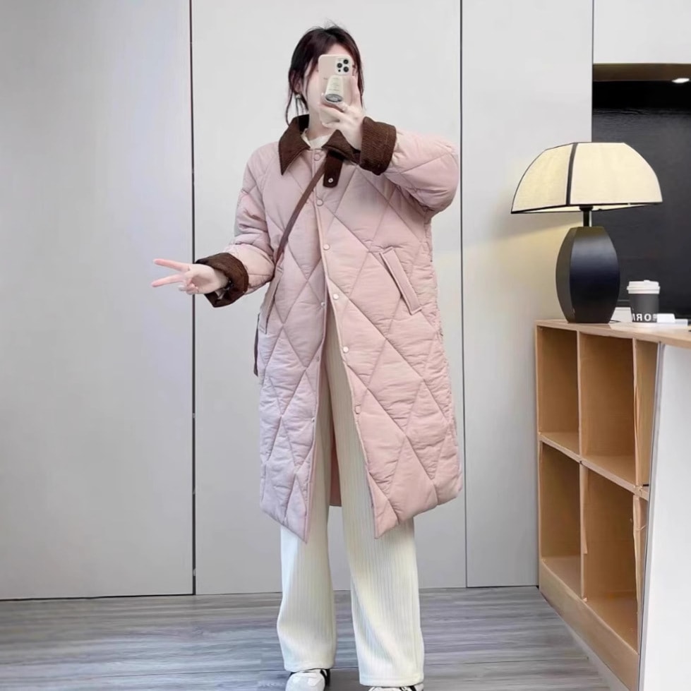 ダイヤモンド柄長いコーデュロイのトリムラペルゆったりとしたフィット感暖かくて心地よい韓国風のホワイトダックダウンジャケット