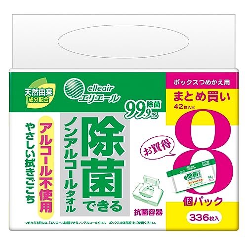 エリエール 除菌できるノンアルコールタオル ボックスつめかえ用 336枚（42枚×8パック）ウェットティッシュ 【まとめ買い】