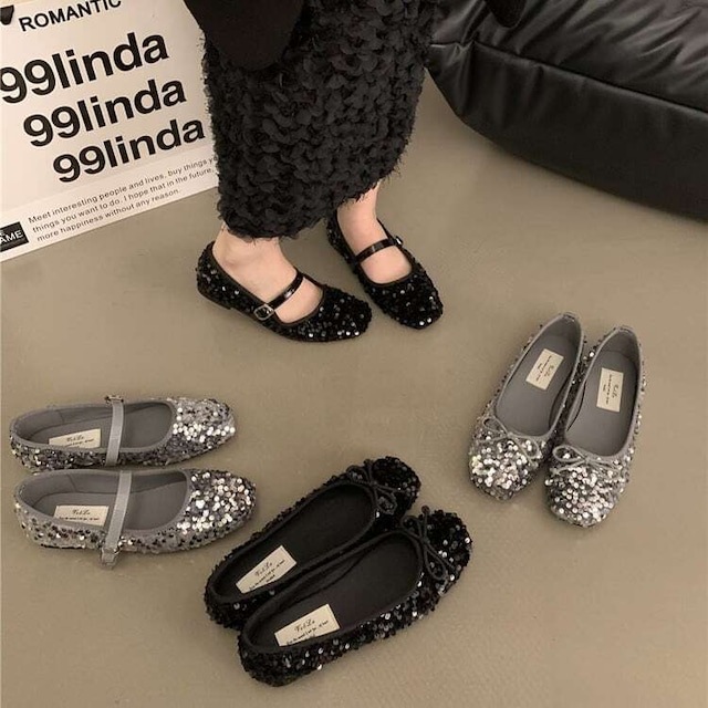 シューズ レディース スパンコールフラットシューズ 2types メリージェーン リボンフラットシューズ 大人可愛い ママコーデ 韓国 新作 20代 30代 40代 シューズ 靴 キラキラ きれいめ