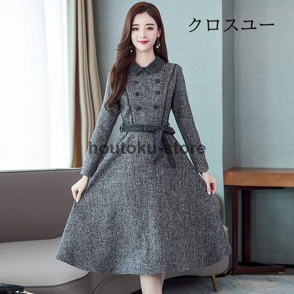 ワンピース レディース 40代 秋冬 長袖 きれいめ 上品 マキシワンピース ロング丈 折襟 無地 大きいサイズ パーティードレス 韓国風 おしゃれ 通勤 着痩せ