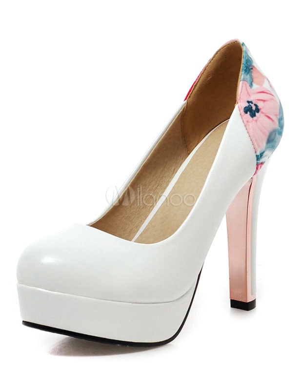 女性のための白印刷プラットフォームPUハイヒール