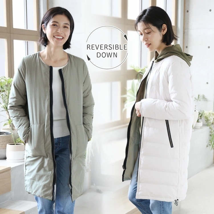 ダウンコート レディース リバーシブル コート ミドル丈 軽量 暖かい 2way ノーカラー ホワイト 白 アイボリー カーキ ダウン 9号 13号 軽い 大きいサイズ ミドル 30代 40代 50代