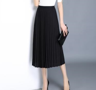3085.オフィスカジュアルに プリーツロングスカート（春夏 saleブラック）