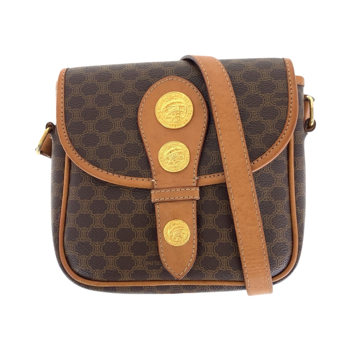 美品 ヴィンテージ マカダム メダル ブラウン ゴールド金具 PVC/レザー ショルダーバッグ ポシェット レディース 501612