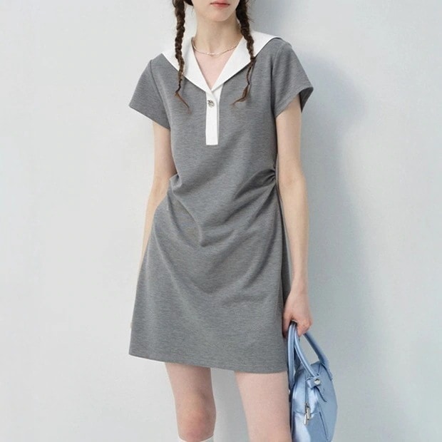 3日出荷 ワンピース夏 新作 カラーブロック ネイビーカラー ギャザー ウエストマーク ショート丈 春服 レディース