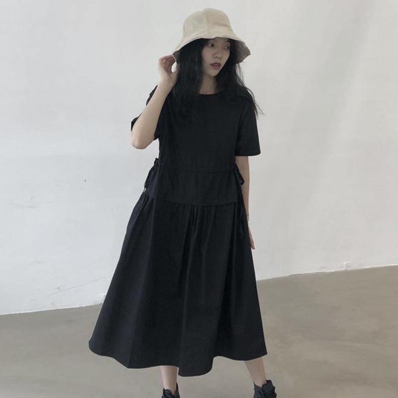 夏の新作レディース半袖ドレスブラックオールマッチカジュアルシンプル巾着ウエストスリムドレスルーズオールマッチカジュアルレディーススカートミドル丈ワンピースファッション 5,399円