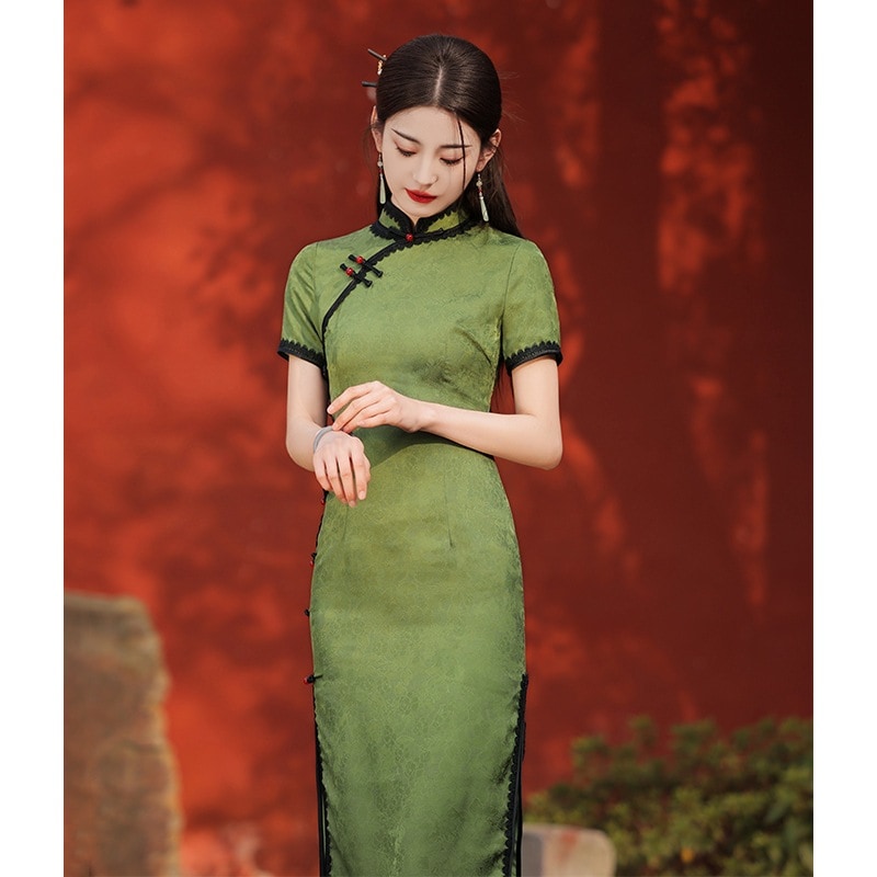 ワンピースドレスドレスグリーンレトロ新しいのチョンサム2025夏の改善された若い女の子の毎日の女の子スタイルドレス