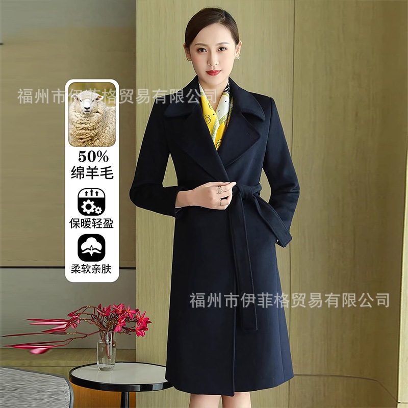 女性用プロフェッショナルウールウールコート新しいスタイルのでエレガントなスチュワーデスウールコートレースアップセールスマネージャー作業服