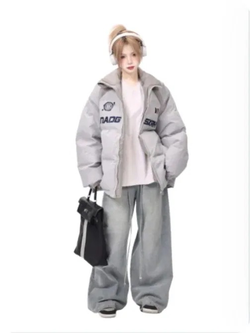 オーバーサイズ 2025 冬 レーシングスーツ ダウンジャケット 厚手 カップルウェア 刺繍 英字 アーバンスポーツパファージャケット